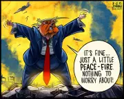 US Attempts to Downplay Gaza Hostilities Exposed in Scathing Political Cartoon