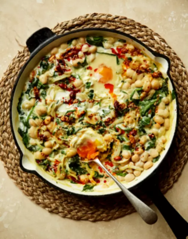 Rukmini Iyer's Chilli Eggs with Miso Beans and Spinach Recipe