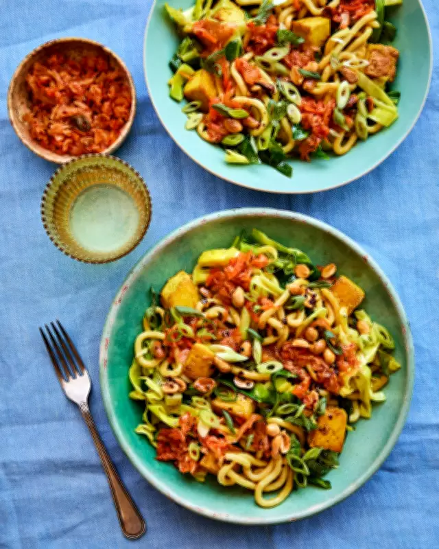 Quick Kimchi Tofu Noodles with Spicy Chilli Peanuts Recipe
