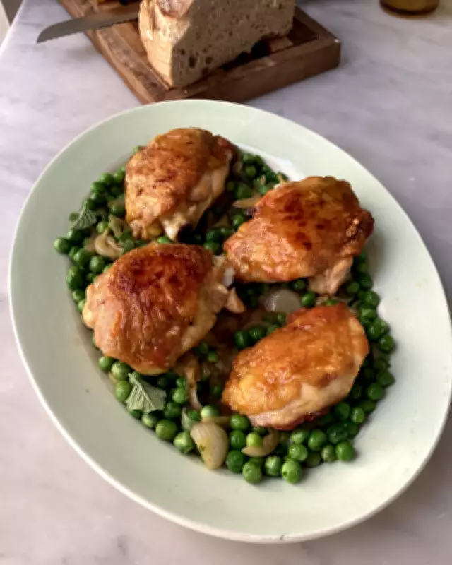 Spring Chicken Thighs with Peas, Mint, and Spring Onions Recipe