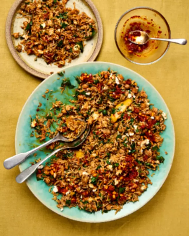 Spring Rice with Feta, Harissa and Pine Nut Sauce Recipe