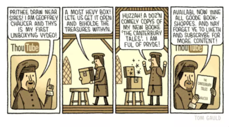 Tom Gauld Imagines Chaucer's First Unboxing Video in New Cartoon